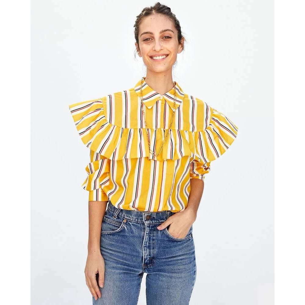clare v. charlotte ruffled button down blouse in marigold stripe golden yellow